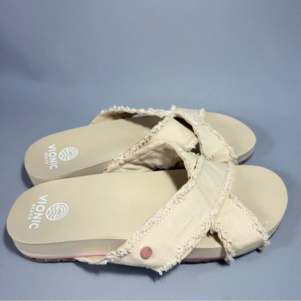 Vionic Boardwalk Panama Beige Canvas Crisscross Slip-On Slide Sandals